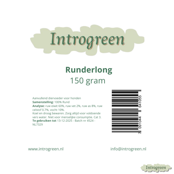 Ingrediëntenlabel Runderlong – hondensnack 150g