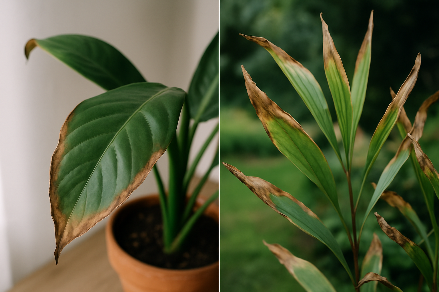 Feuilles brunes, pointes et bords desséchés chez les plantes